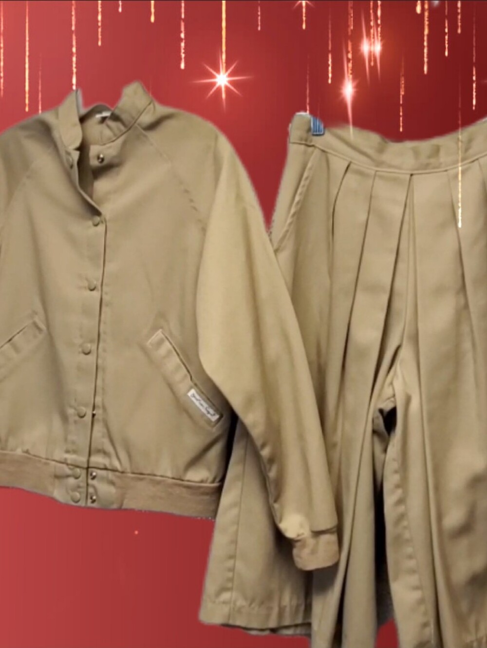 Womens Tan Pleated Midi Culotte Skirt and Bomber Windbreaker Jacket Set -